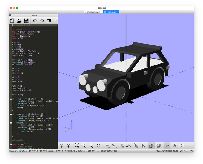 OpenSCAD model of fictional rally car