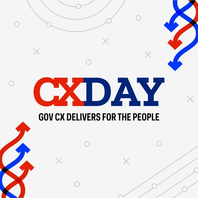 Illustraiton with arrows, xs, os, lines and circles in the background with the text "CXDay GovCX Delivers for the People" 