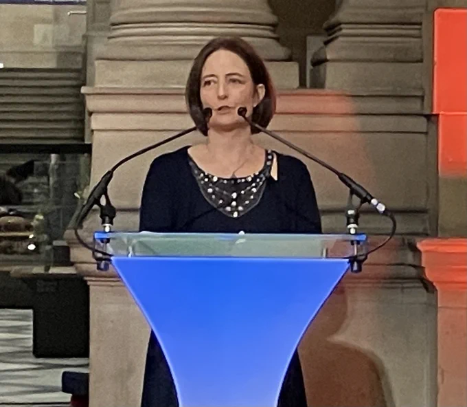 Carol Monaghan MP speaking at the ECOC 2023 conference dinner.