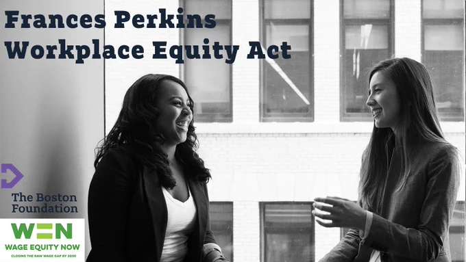 Frances Perkins Workplace Equity Act. Photo: Two women are having a conversation in an office building.