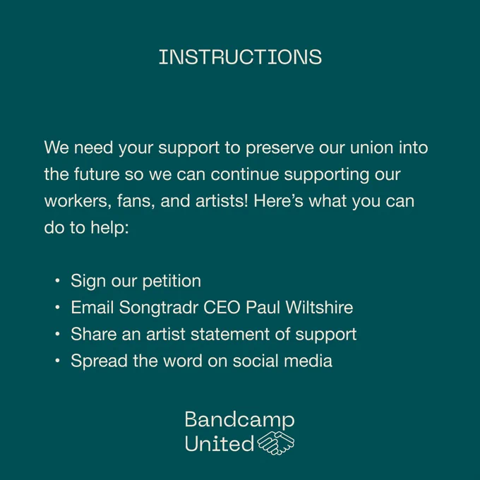 Instructions: We need your support to preserve our union into the future so we can continue supporting our workers, fans, and artists! Here's what you can do to help: sign our petition! Email Songtradr CEO Paul Wiltshire! Share an artist statement of support! Spread the word on social media!
