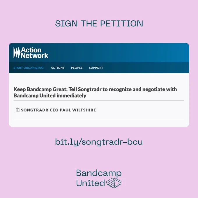 Sign the Petition! Keep Bandcamp Great: Tell Songtradr to recognize and negotiate with Bandcamp United immediately. bit.ly/songtradr-bcu