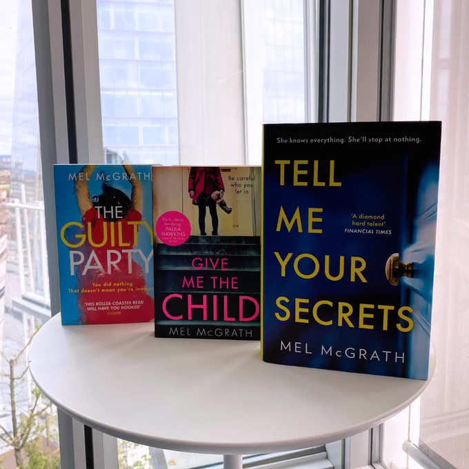 Image shows Tell me Your Secrets, Give Me the Child, and The Guilty Party standing on a table.