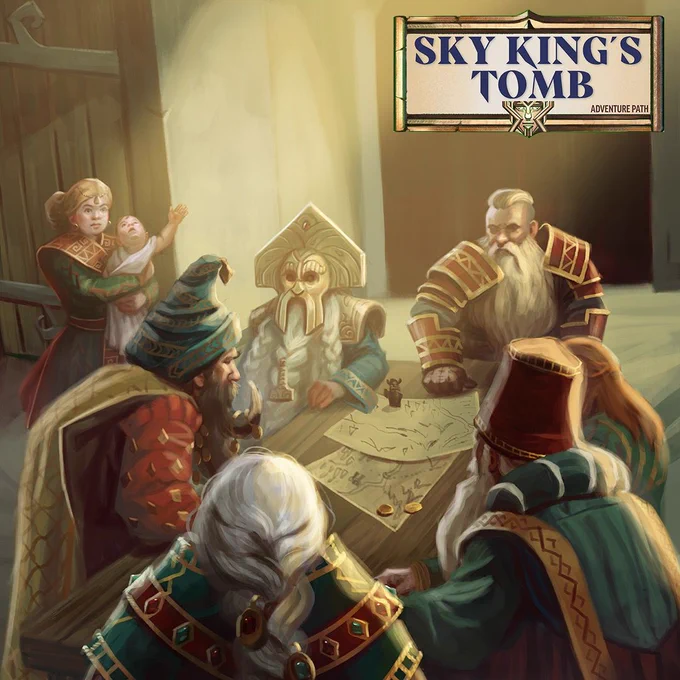 A group of well-dressed dwarves gathered around a planning table.