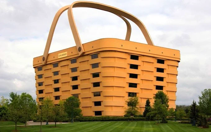 Built in 1997, the Newark, Ohio, building served as the headquarters for Longaberger Company, shaped to look like one of its trademark baskets