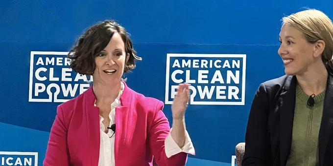 Images of Liz Klein speaking at the American Clean Power (ACP) conference. In the first image, she joins the Assistant Administrator of NOAA Fisheries to discuss ways that clean energy can address the climate crisis. In the second image, she joins the Assistant Secretary for Energy, Installations and Environment of the U.S. Navy to discuss issues related to offshore wind development and national security. 