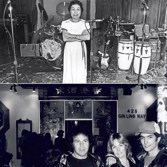 Esther Wong, owner of Madamme Wong's standing in front of instruments and the promoters of the Hong Kong Cafe.