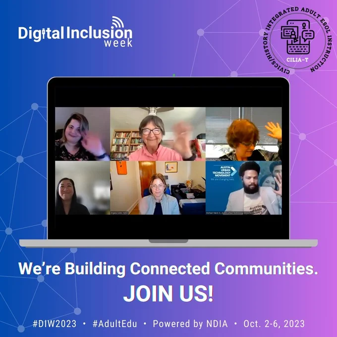 Image: A blue graphic featuring a laptop at the center, displaying a Zoom meeting with people of all ages joyfully smiling and waving. Below, text, “We're Building Connected Communities. Join Us!" "Powered by NDIA, October 2-6, 2023.”