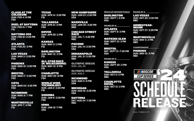 A graphic with the dates of the 2024 NASCAR Cup Series schedule. 