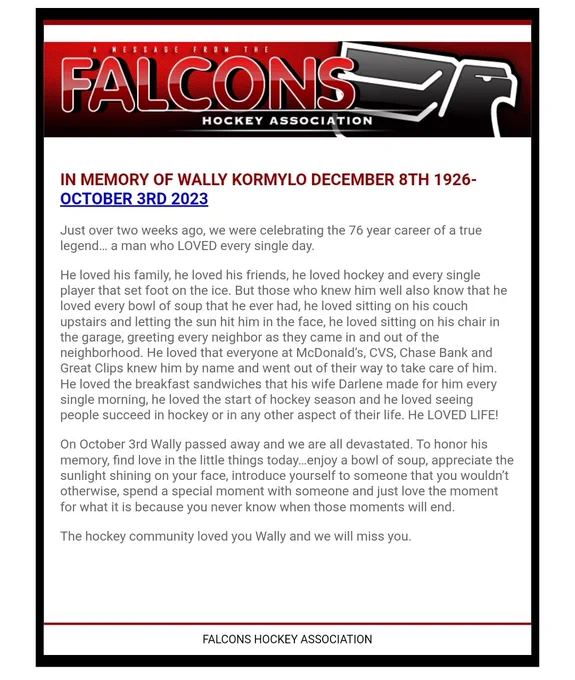Coach Wally Kormylo memoriam notice from the Falcons Hockey Association 