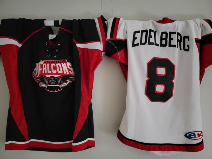 The sweaters of the kid who Wally put on the ice when he was a Falcon