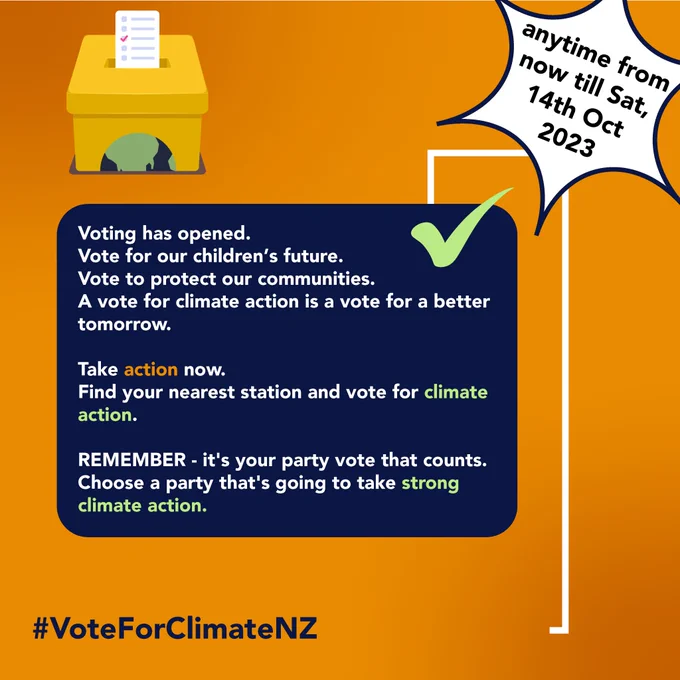 Orange square with illustration of a voting box and an sparkle in the corner saying "anytime from now til Sat 14th Oct 2023" then a dark blue square of text saying "Voting has opened. Vote for our children's future. Vote to protect our communities. A vote for climate action is a vote for a better tomorrow. Take action now - find your nearest station and vote for climate action. Remember, it's your party vote that counts. Choose a party that's going to take strong climate action."