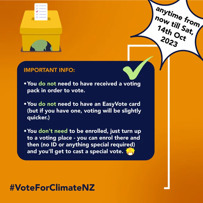 Orange square with polling box and a dark blue square saying "Important info: Bullet point You do not need to have received a voting pack in order to vote. Bullet point You do not need to have an easyVote card (but if you have one, voting will be slightly quicker).
Bullet point You don't need to be enrolled, just turn up to a voting place - you can enrol there and then (no ID or anything special required) and you get to cast a special vote starry eyes emoji.