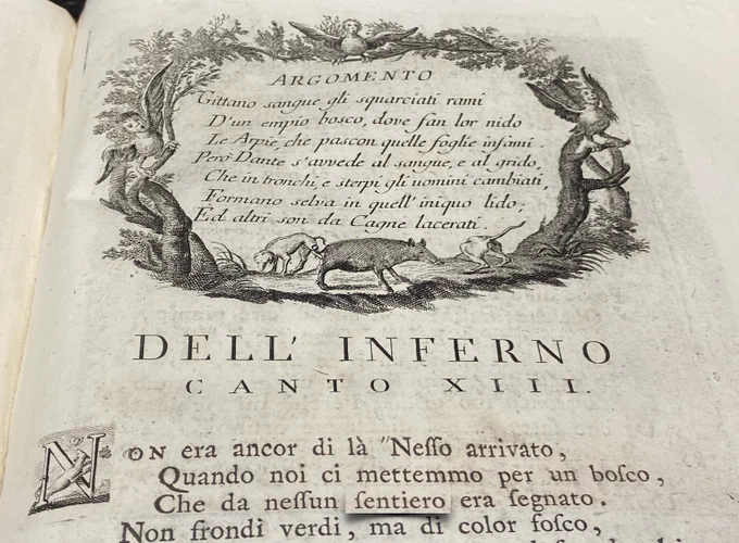 Image from top page of beginning of Canto XIII in Eighteen-Century edition of Dante’s Inferno. The word “sentiero” has been highlighted to connect to @OUItalian twitter post on this word.