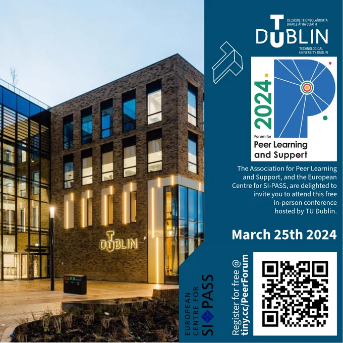 Flyer, with QR code, for the Peer Learning and Support Conference in TU Dublin on March 25th 2024. The picture is the East Quad building on the TU Dublin Grangegorman campus. 