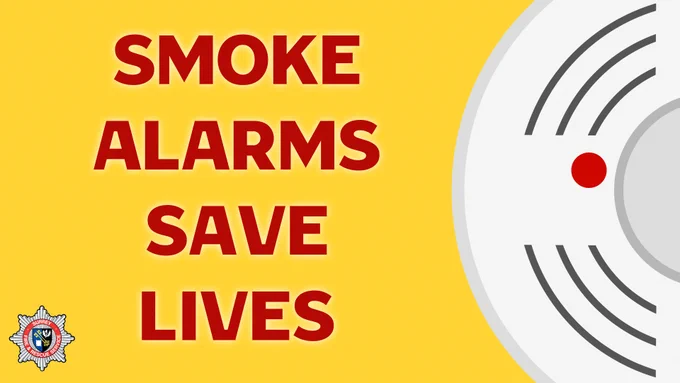 Yellow background. Cartoon smoke alarm. Red text reads 'smoke alarms save lives'