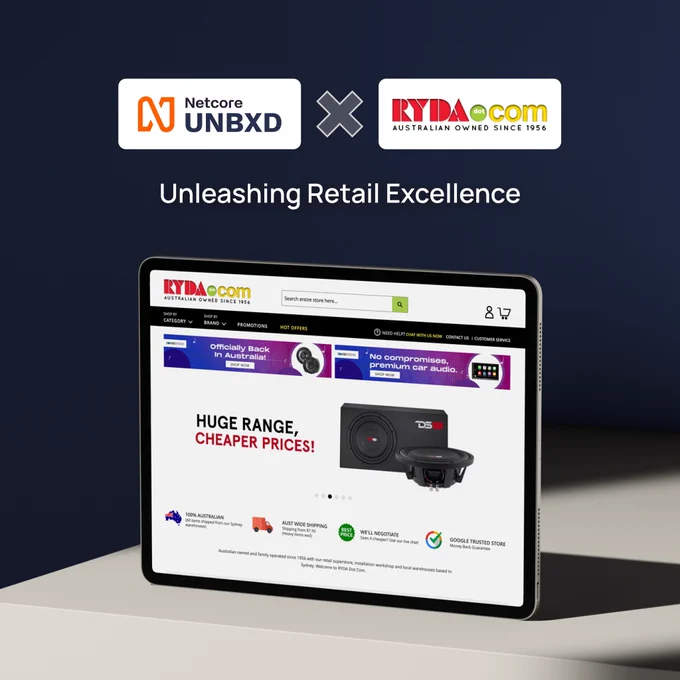 Netcore Unbxd Logo and Ryda dot Com Logo. With a tagline: Unleashing Retail Excellence