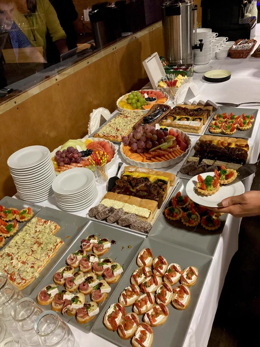 A display of sweet and savory coffee break snacks