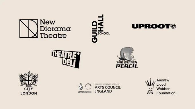 In black, against a cream background, the logos of The Knot partners - New Diorama Theatre, Guildhall School, Uproot, Theatre Deli, The Bitten Peach, City of London, Arts Council England and Andrew Lloyd Webber Foundation.