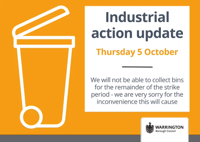 Industrial action update - 5 October
We will not be able to collect bins for the remainder of the strike period - we are very sorry for the inconvenience this will cause