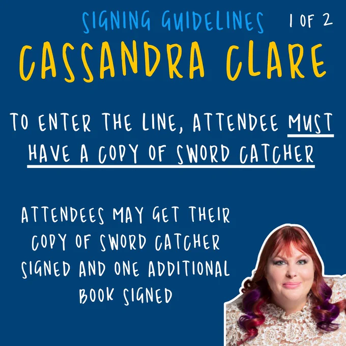 clare 1/2to enter the line, attendee must have a copy of sword catcher. attendees may get their copy of sword catcher signed and one additional book signed