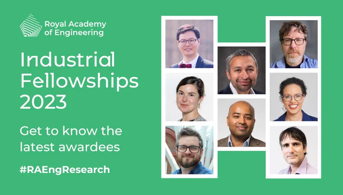 Text: Industrial Fellowships 2023. Get to know the latest awardees. #RAEngResearch. 
Image: Headshots of the eight awardees.
