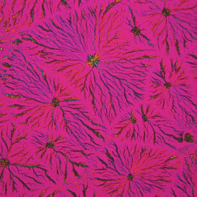 NaHCO3. Photograph taken with crossed polarizers, red I. crystallised from a drop of pure salt solution on a microscope slide.