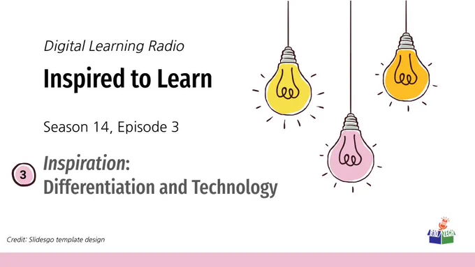 upper right: 3 sketched lightbulbs, hanging from the top, lower left, R10Tech podcast logo; "Digital Learning Radio, Inspired to Learn, Season 14, Episode 3, Inspiration: Differentiation and Technology" Credit: Slidesgo template design