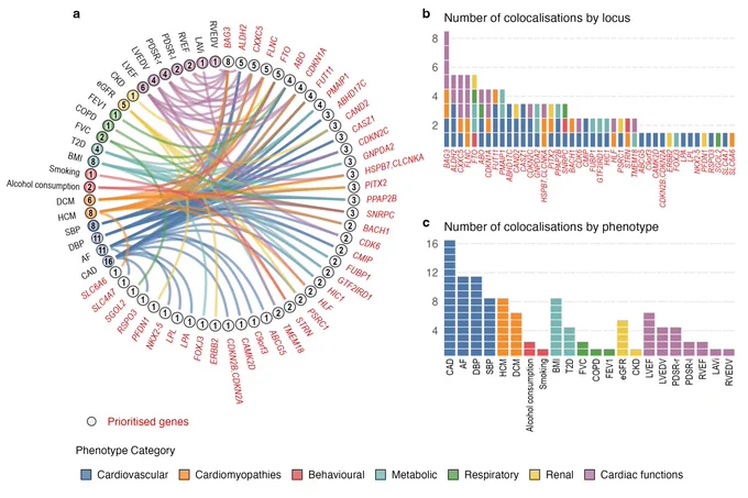  a. Colocalisations between HF and 22 GWAS phenotypes (out of 24 tested) across 42 (out of 66) loci with posterior probability of shared causal variants (PPcoloc H4) > 0.8. Each band connects a pair of locus - phenotype nodes, and represents sharing of causal variants between the phenotype and HF at the locus. Annotated number represents total number of colocalisations by locus and phenotype, which is displayed in panel b. & c. 