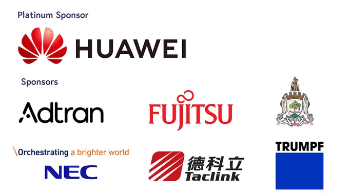 Logos of the ECOC 2023 sponsors: Platinum sponsor Huawei, and sponsors Adtran, Fujitsu Network Communications, NEC Corporation, Taclink and Trumpf.
