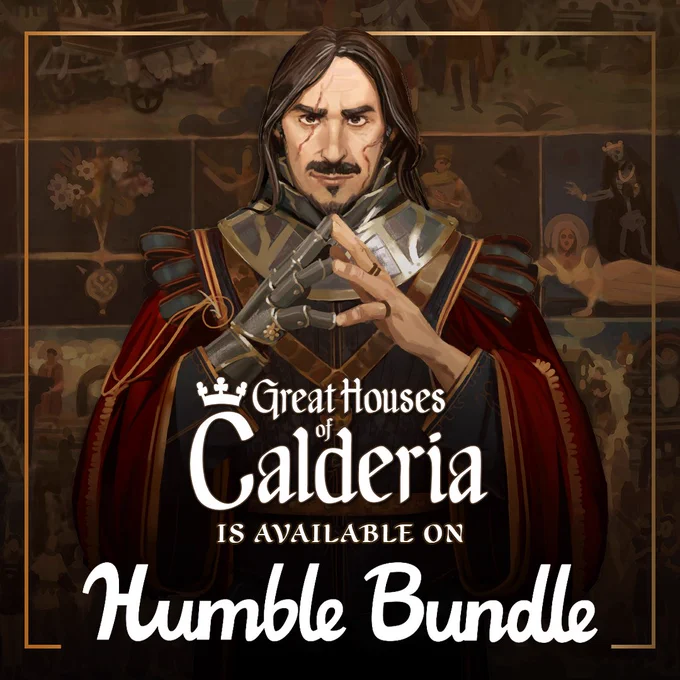Great Houses of Calderia is available on Humble Bundle - The Duke Maximilian is standing at the center of the picture, looking determined. A fresco tapestry is behind him.