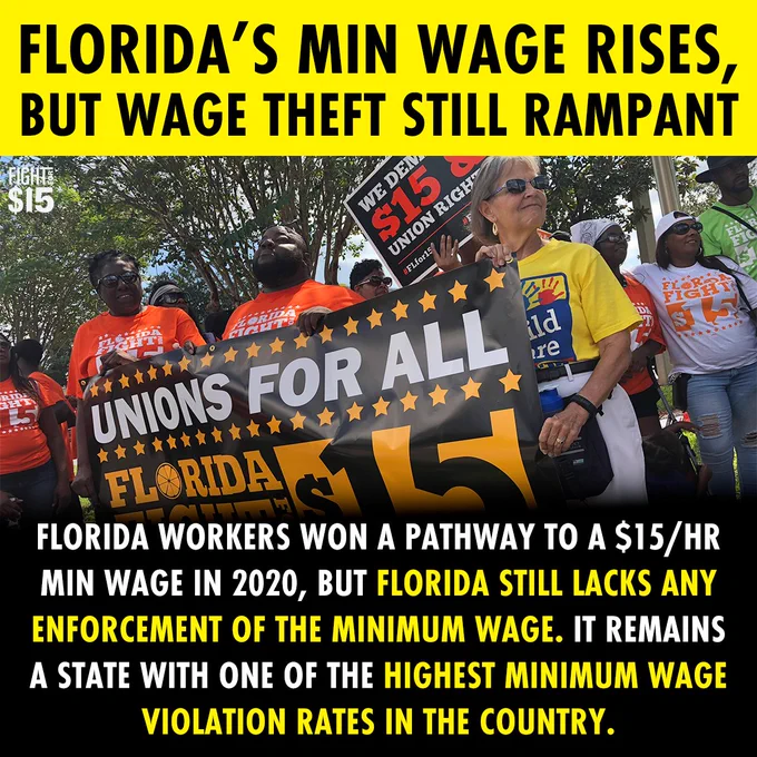 A picture of Florida fast food workers on strike carrying a Fight for $15 banner. Text reads “FLORIDA’S MIN WAGE Rises, but wage theft still Rampant: Florida workers won a pathway to a $15/hr min wage in 2020, but FLORIDA still lacks any enforcement of the minimum wage. IT remains a state with one of the highest minimum wage violation rates in the country.“