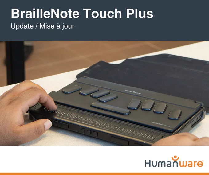 A BrailleNote Touch Plus device with the word 'Update'.  