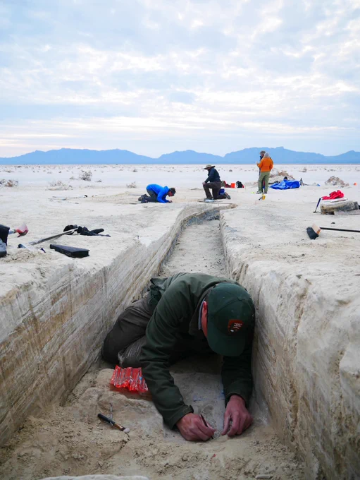 Scientists working in and near a trench at White Sands National Park, a sandy landscape with distant mountains in the background.

Photo credit: NPS