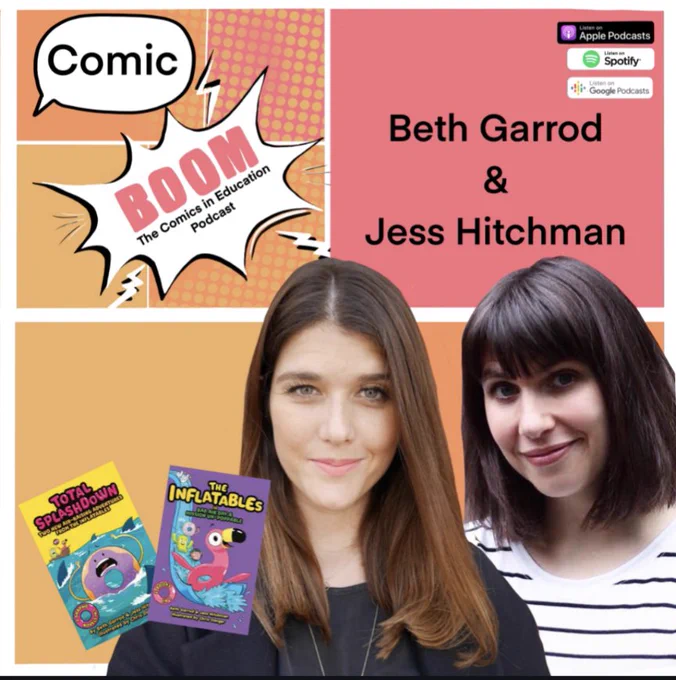 The image is split into four comic book style panels. In the top left is the Comic Boom, the comics in education podcast logo. On the right is a picture of a smiling writers, Beth Garrod and Jess Hitchman (both white women with brown hair). Next to them are the covers of their graphic novel series The Inflatables. On the top right are logos indicating that the podcast can be listened to on Spotify, apple podcasts and Google podcasts.