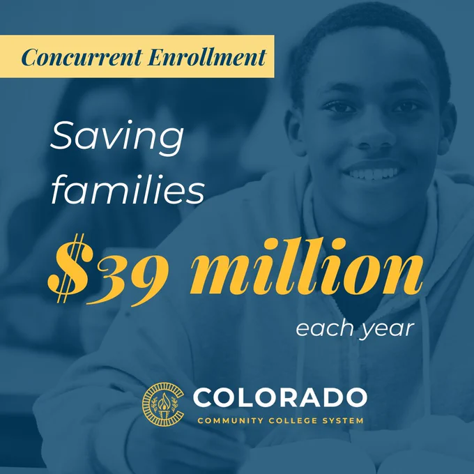 A graphic of a high school student with the caption, "Concurrent Enrollment: Saving families $39 million each year" with the CCCS logo. 