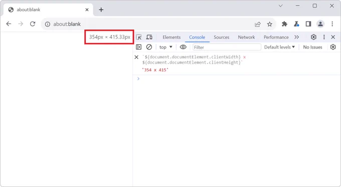 Chrome, with DevTools opened, the viewport size overlay appears in the rendered webpage