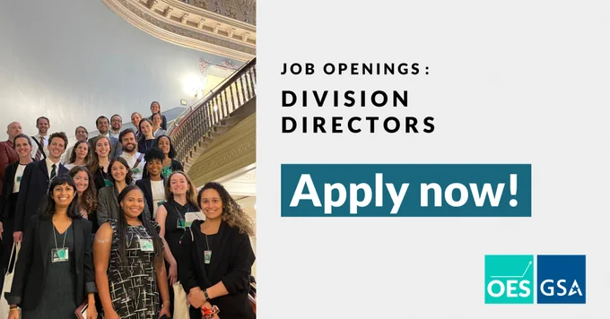 OES team photo. Text: Job openings, division directors, apply now!