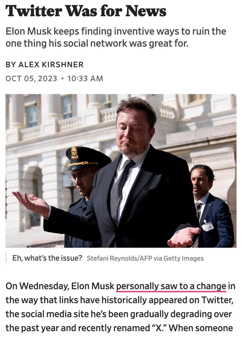 Screenshot of Slate headline: Twitter Was for News.  Elon Musk keeps finding inventive ways to ruin the one thing his social network was great for.