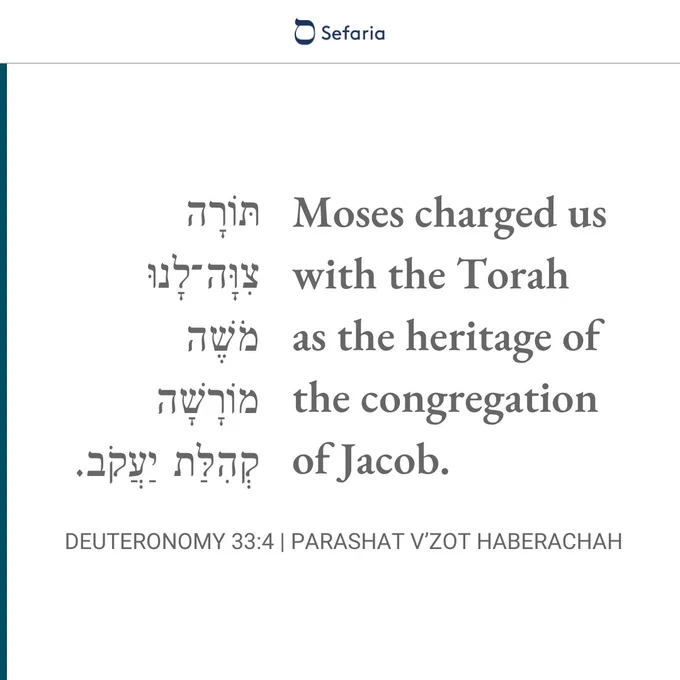 Quote from Deuteronomy 33:4: "Moses charged us with the Torah as the heritage of the congregation of Jacob."