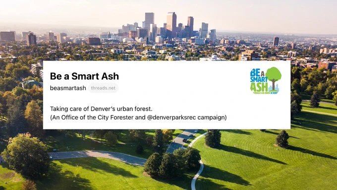 Preview of the Be a Smart Ash account over a photo of Denver from the air with trees in the background. 