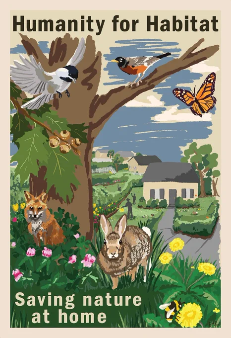 Illustration represents shared stewardship. Collectively managing yards for ecosystem services has a strong precedent as exemplified by the Victory Gardens promoted by the United States, Canada, the United Kingdom, and Australia governments during WWII. Identifying effective campaigns will further contribute to the success of existing programs.  Original artwork by Elsa Cousins.
