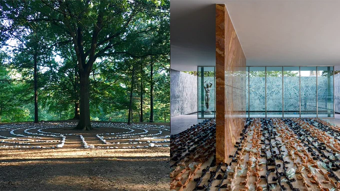 Side-by-side composite image. The left side shows a labyrinth of porcelain stones around a tree. The right side shows a carpet made of disposable plastic bags on the floor of the main room in Mies van der Rohe Pavilion