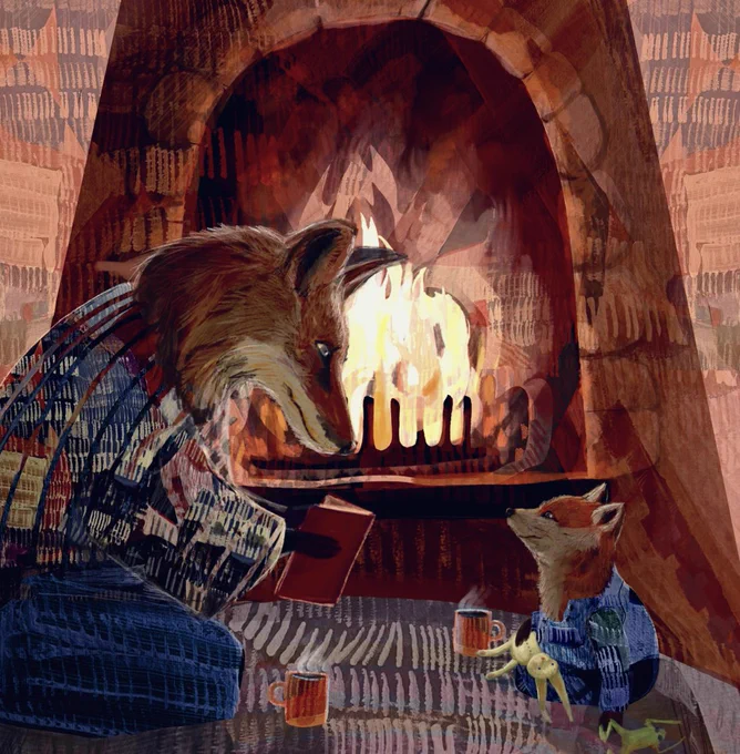Illustration of a mother fox dressed in cozy clothes and reading to her kit . They are sitting in front of a warm fireplace.