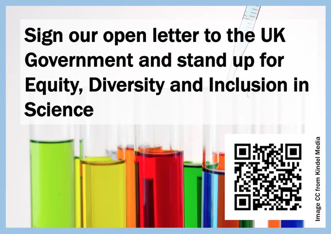 "Sign our open letter to the UK Government and stand up for Equity Diversity and Inclusion in Science" superimposed on test tubes with coloured liquids