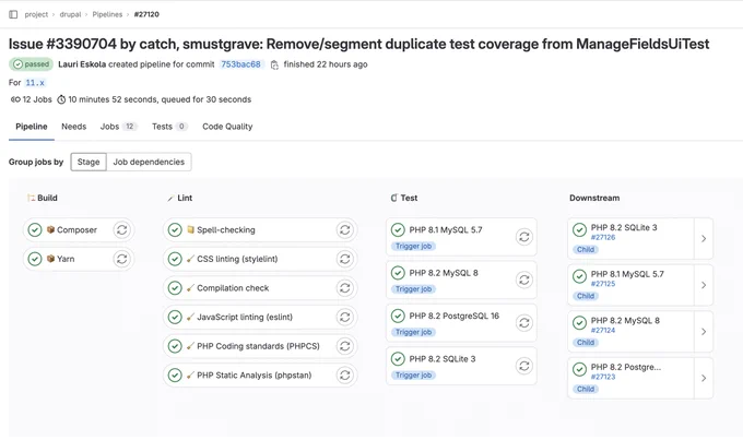 GitLab CI testing matrix results for a Drupal core commit