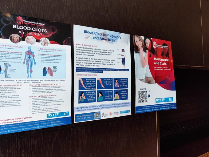 Three posters on blood clots: the first on the risks, the second focuses on pregnancy and blood clots and the third on menopause and blood clots. 