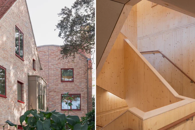 Exterior of Silver House and Belfield House, and a timber staircase