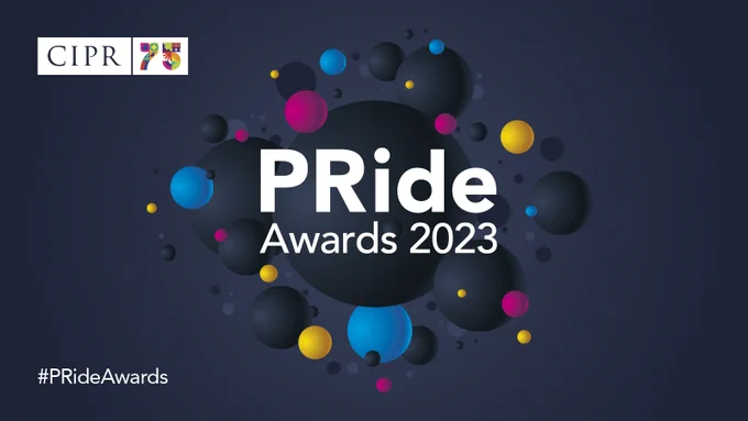 CIPR 75 logo. Blueish background with circles of varying colours - mostly dark blue with some light blue, yellow, and purple as well - and varying sizes cluttered around the centre of the image. The text reads "PRide Awards 2023" and "#PRideAwards". 