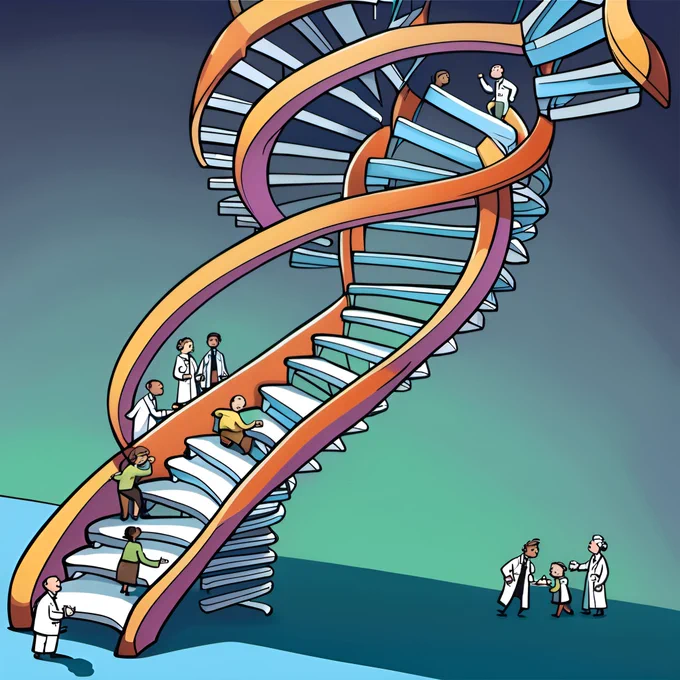 Preclinical and clinical researchers work together to build a helical staircase that ascends to medical innovation. Image generated by the authors using Stable Diffusion by Stability.ai. The authors supplied text inputs into the model based on the article themes that resulted in the image output shown.